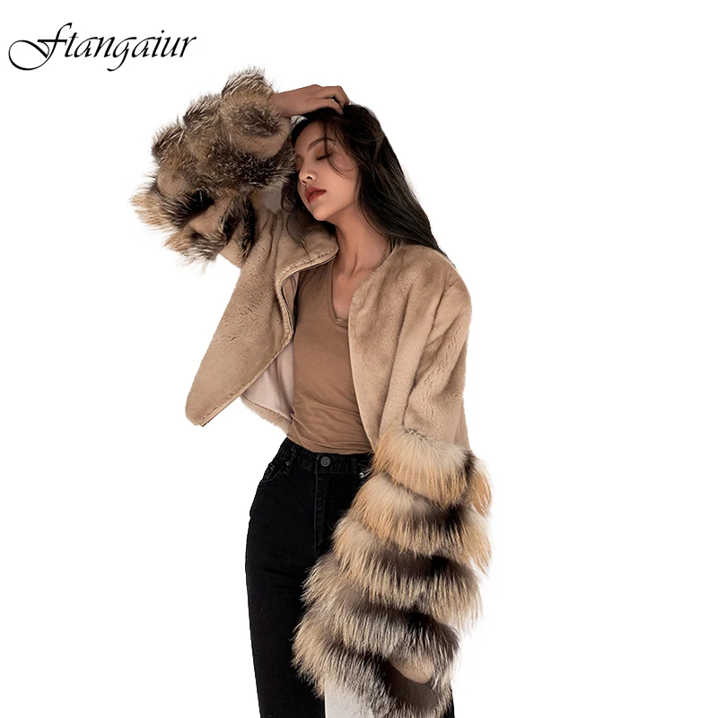 Фото Ftangaiur 2021 Winter Import Velvet Mink Fur Coat For Femal With Fox Sleeve Natural Women Real Coats | Женская одежда