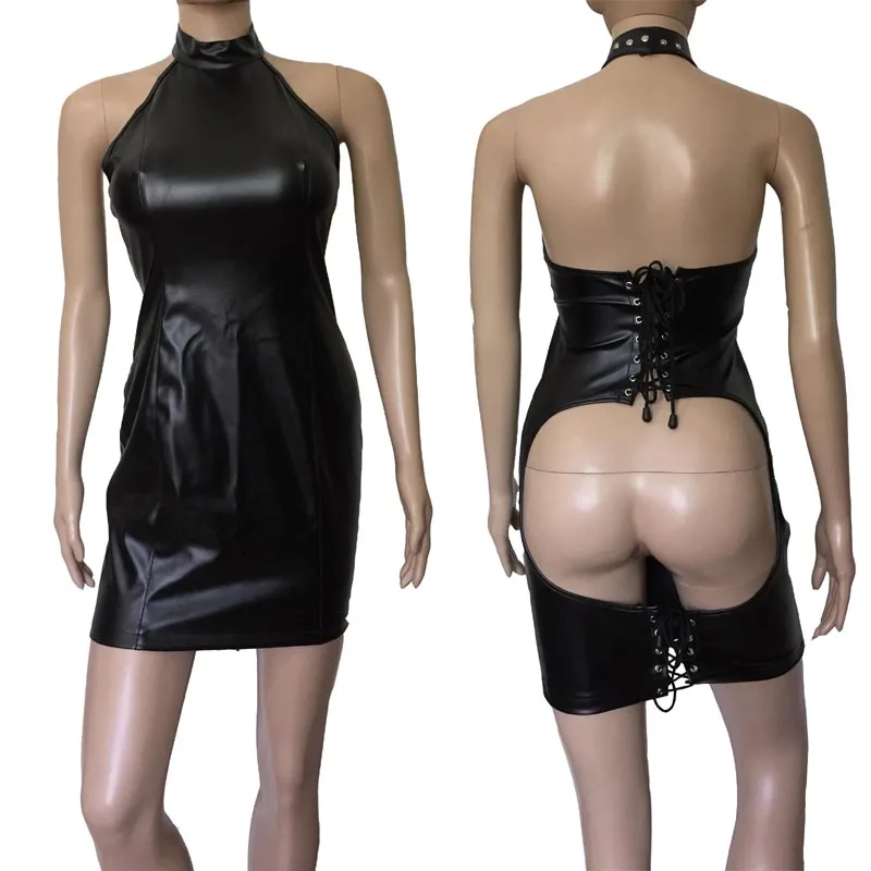 Erotic Faux Leather Open Butt Mini Dress Halter Neck Corset Back Bondage Dress Mistress Role Play Fetish Costume
Erotic Faux Leather Open Butt Mini Dress Halter Neck Corset Back Bondage Dress Mistress Role Play Fetish Costume