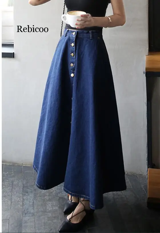 

Denim Women Solid Color Long Skirts Fashion Korean Preppy Style High Waist Female Big Hem Casual Button Jean Skirts