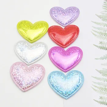 

60pcs/lot 3.5*3.8cm Glittery Pu heart Padded Patches for Baby Girls Hair Accessories Appliques for Crafts BB Clips Ornament