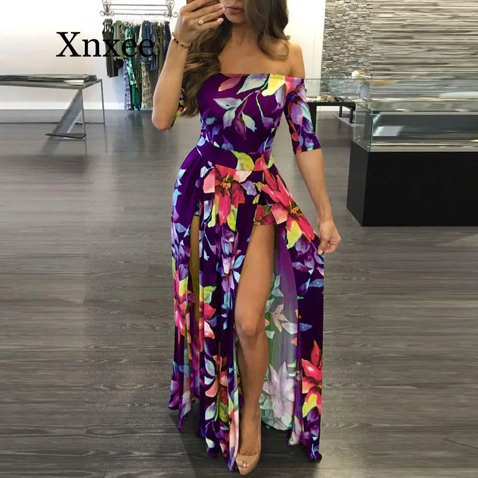 Off Shoulder Long Maxi Dress Women Summer Plus Size Clothing Backless Bodycon Floral Print High Split Sexy Beach Dresses 
Off Shoulder Long Maxi Dress Women Summer Plus Size Clothing Backless Bodycon Floral Print High Split Sexy Beach Dresses