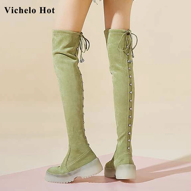 Vichelo Hot fashion new sweet sheep suede crystal round toe high heels platform lace up winter warm women thigh high boots L83
Vichelo Hot fashion new sweet sheep suede crystal round toe high heels platform lace up winter warm women thigh high boots L83