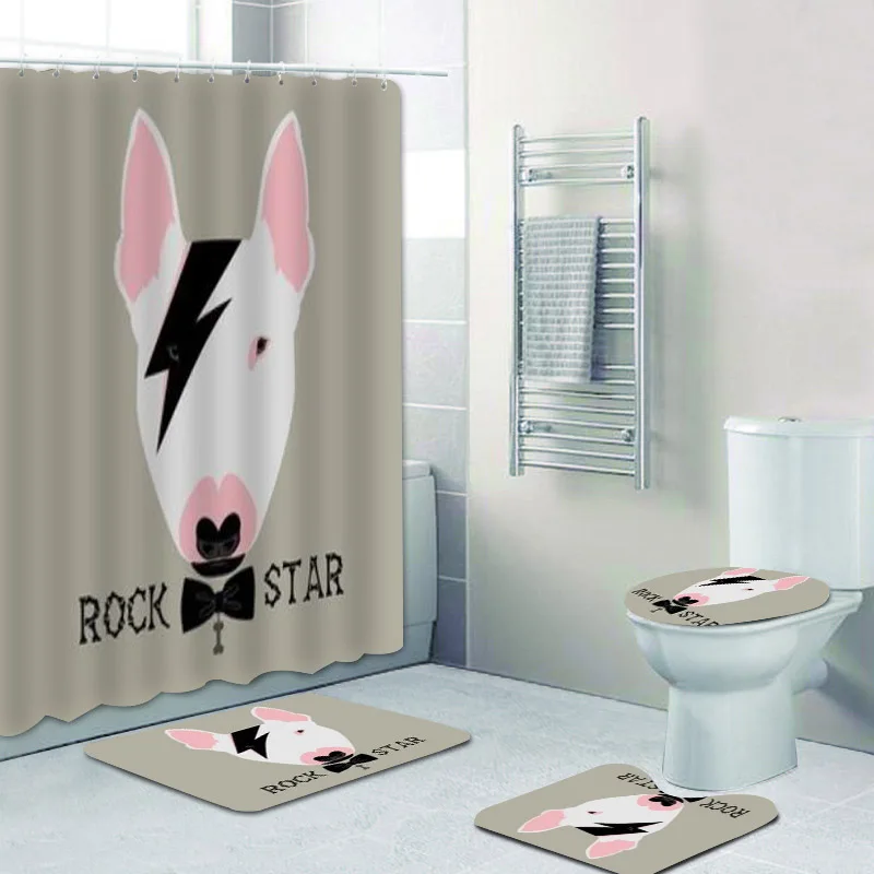 

Hipster Dog Rockstar Bullterrier Bathroom Shower Curtain Funny Portrait of Dogs Animal Bath Curtains Toilet Mats Rugs Home Decor