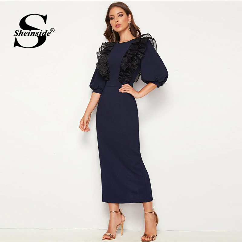 

Sheinside Exaggerated Layered Mesh Detail Party Dress Women 2019 Autumn Half Sleeve Pencil Dresses Ladies Navy Bodycon Dress