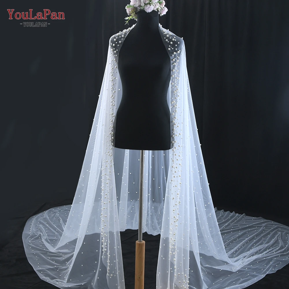 

YouLaPan V66 Ivory Long Bridal Veil One Layer Cathedral Wedding Veil Royal Pearls Velos de Noiva Pearl Beads 3Meters Veils