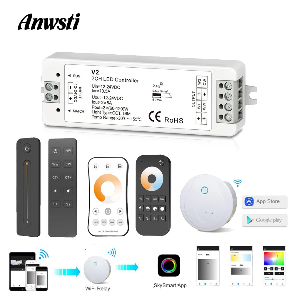 

CCT LED Controller 12V 24V 2CH 10A RF 2.4G Wireless Remote 12 Volt WW CW Smart Wifi Dimmer Controller for Dual White Single Color CT LED Strip Light