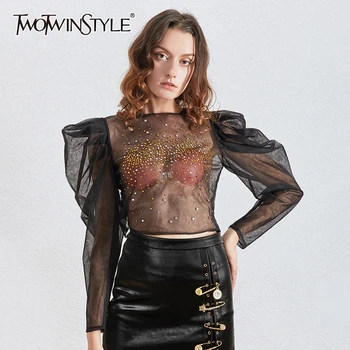 TWOTWINSTYLE Patchwork Diamonds Women For Blouse O Neck Puff Long Sleeve Tunic Ruched Perspective Shirt Female 2020 Fashion Tide 
TWOTWINSTYLE Patchwork Diamonds Women For Blouse O Neck Puff Long Sleeve Tunic Ruched Perspective Shirt Female 2020 Fashion Tide
