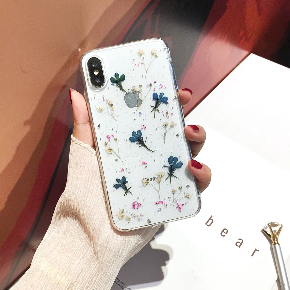 Прозрачный чехол Qianliyao с натуральными сухими цветами и блестками для iPhone 12 Pro Max X 7