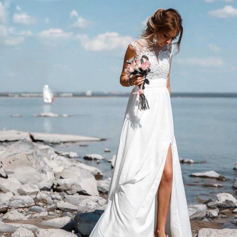 Vestido De Noiva Chiffon Beach Wedding Dresses 2020 See Through Back Boho Wedding Gown Appliques Split Country Bridal Gown (1)