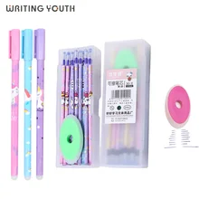 34 Uds. Pluma de Gel borrable de dibujos animados Kawaii varillas de bolígrafo borrable recargable de 0,5mm tinta azul y negra mango lavable para papelería escolar(China)