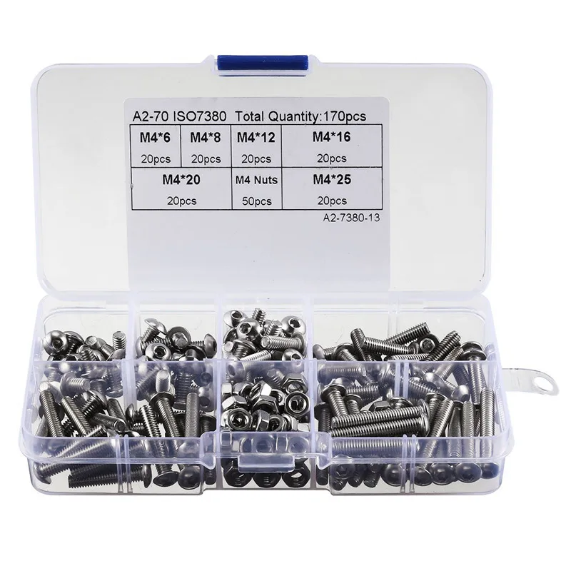 ABSF 170pcs 304 Stainless Steel M4 Hex Socket Button Head Screw Nut Assortment Kit
ABSF 170pcs 304 Stainless Steel M4 Hex Socket Button Head Screw Nut Assortment Kit
