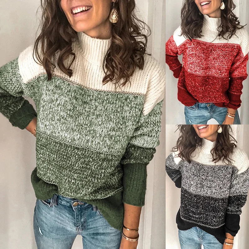 2020 Autumn And Winter New Sweater Contrast Color Ladies Casual Color Matching Shirt Striped Stitching High Collar
2020 Autumn And Winter New Sweater Contrast Color Ladies Casual Color Matching Shirt Striped Stitching High Collar