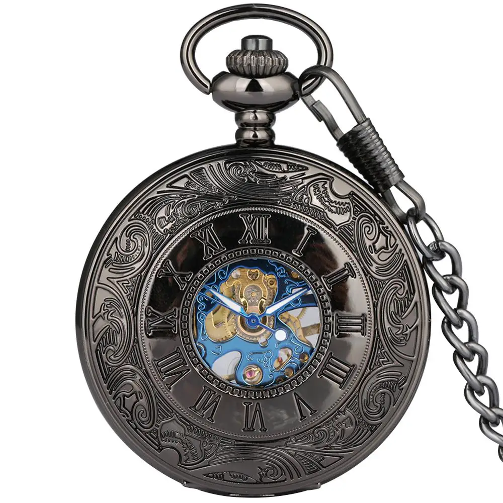 Карманные часы-брелок механические Роскошные полые часы с ручным заводом и синим