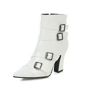 2019 New Style Women Boots Fashion Buckle Sqaure High Heel Ankle Boots Pointed Toe Autumn Winter Zipper Boots Ladies Shoes