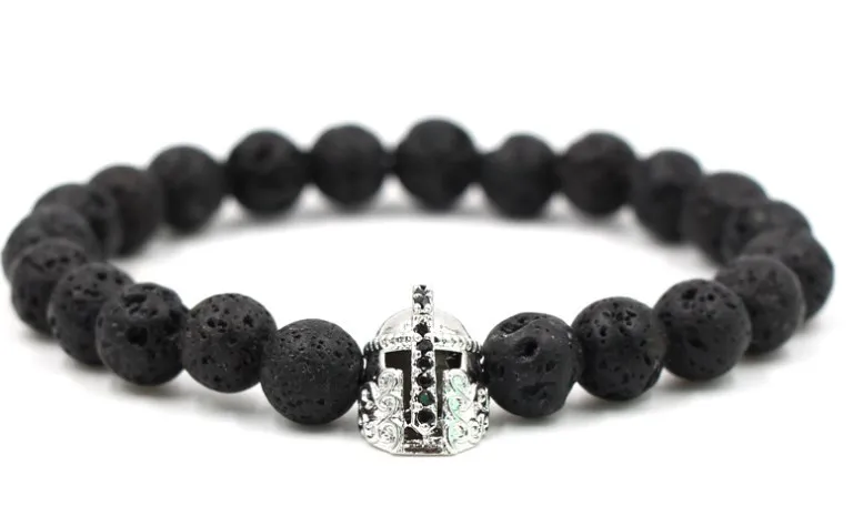 10mm hc434 elastic adjusted nature black stone volcanic lava bead micro pave Spartan helmet cz cubic zirconia Bracelet | Украшения и