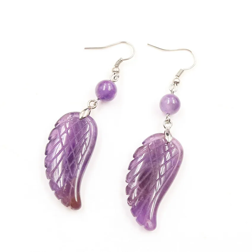 

FYJS Unique Silver Plated Angel Wing Natural Purple Amethysts Stone Dangle Earrings Classic Jewelry