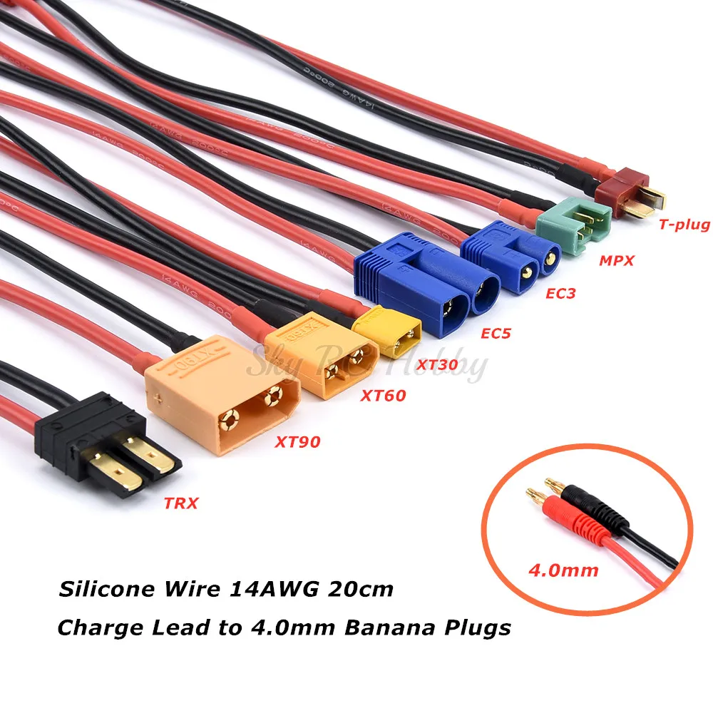 

MPX TRX XT30 XT60 XT90 EC3 EC5 T Plug Charge Lead to 4.0mm Banana Plugs Charge Cable Silicone Wire 14AWG 20cm For Lipo Battery