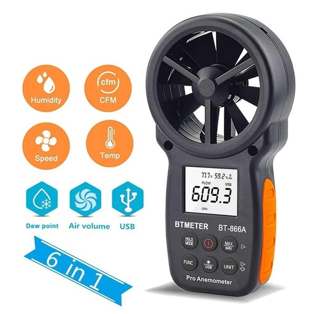 Digital Handheld Anemometer BT-866A Wind Speed Meter with USB Connect 0.3-40m/s for Measuring Temperature,Air Flow,Humidity,etc
Digital Handheld Anemometer BT-866A Wind Speed Meter with USB Connect 0.3-40m/s for Measuring Temperature,Air Flow,Humidity,etc