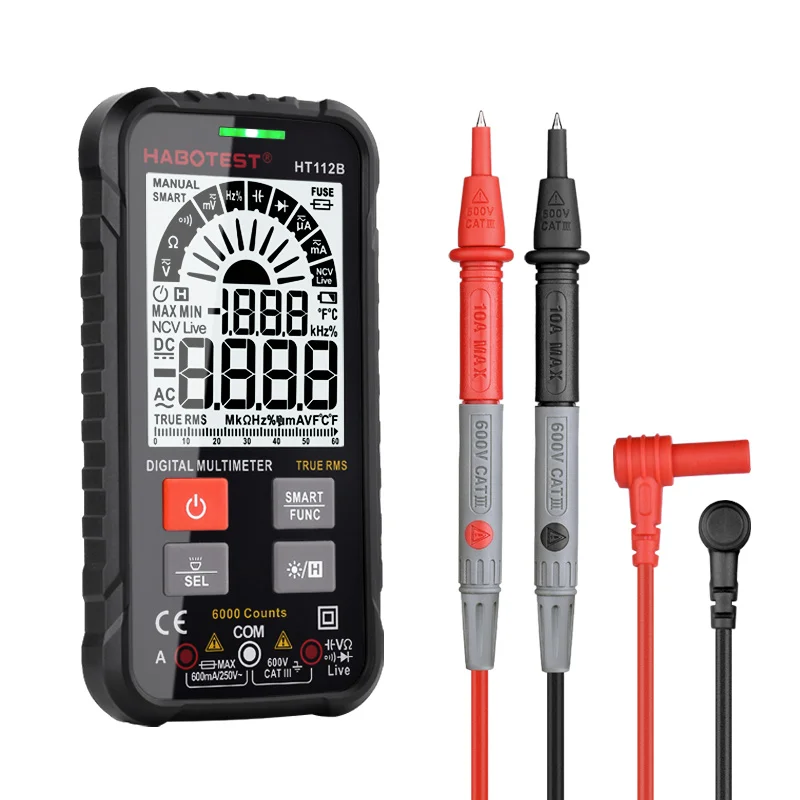 Professional T-RMS Smart Multimeter Digital Mini Size Capacitance Ohm Amp NCV Voltmeter Auto Range 6000 Counts HT112B & HT118
Professional T-RMS Smart Multimeter Digital Mini Size Capacitance Ohm Amp NCV Voltmeter Auto Range 6000 Counts HT112B & HT118
