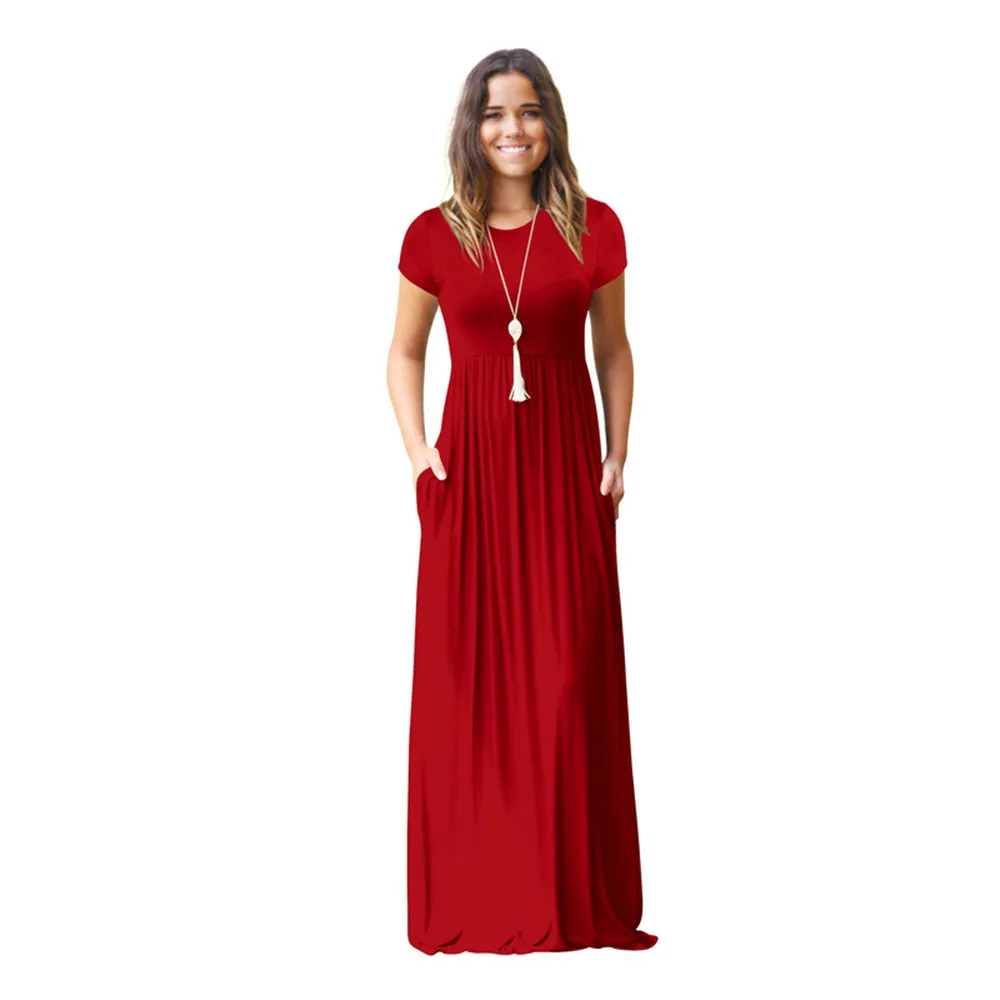 Solid Color Short Sleeve High Waist A-Line Maxi Dresses Casual O-Neck Pocket Long Dress Women Summer Round Neck Slim Dress
Solid Color Short Sleeve High Waist A-Line Maxi Dresses Casual O-Neck Pocket Long Dress Women Summer Round Neck Slim Dress