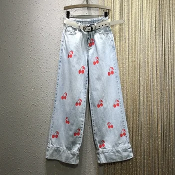 Straight Pants Women 2020 Spring and Summer New High Waist Loose Wide Leg Large Size Cherry Denim Pants Lady's Jean Pants
Straight Pants Women 2020 Spring and Summer New High Waist Loose Wide Leg Large Size Cherry Denim Pants Lady's Jean Pants