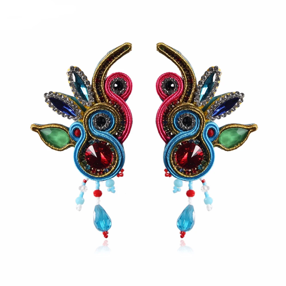 

KpacoTa Soutache braid colourful Long earrings Jewelry women Leather crystals Ethnic handmade big Dangle Earring blue Bohemia