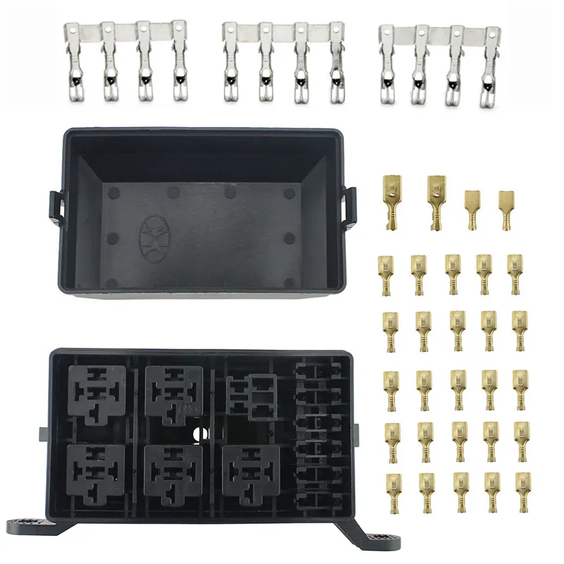 12-Slot Relay Box 6 Relays 6 ATC/ATO Fuses Holder Block + Metallic Pins For Automotive Accessories
12-Slot Relay Box 6 Relays 6 ATC/ATO Fuses Holder Block + Metallic Pins For Automotive Accessories