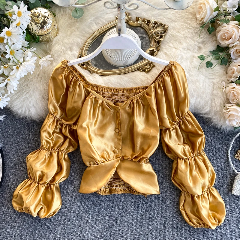 Court Women Long Sleeve Elastic Waist Slimming Short Tops Ladies Satin Shirt Square Neck Solid Color Blouse L229
Court Women Long Sleeve Elastic Waist Slimming Short Tops Ladies Satin Shirt Square Neck Solid Color Blouse L229