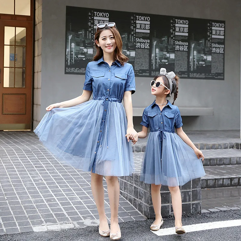 Mother and Daughter Clothes Dresses 2019 Autumn New Denim Short Sleeve Waist Bow Mesh Dress Girl Princess Vestido Women Costumes 
Mother and Daughter Clothes Dresses 2019 Autumn New Denim Short Sleeve Waist Bow Mesh Dress Girl Princess Vestido Women Costumes