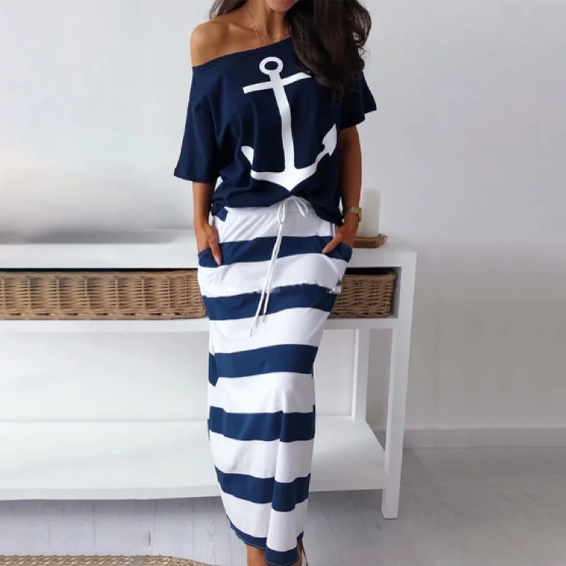 Two Pieces Sets Sexy Off Shoulder Hope Anchor Floral Printed T shirts High Waist Drawstring Midi Calf Striped Skirt Suits
Two Pieces Sets Sexy Off Shoulder Hope Anchor Floral Printed T shirts High Waist Drawstring Midi Calf Striped Skirt Suits