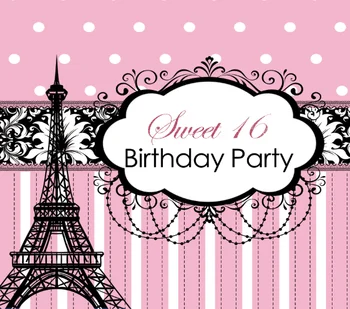 

7x5FT Black Pink Sweet 16 Sixteen Birthday Party Paris Eiffel Tower Custom Photo Studio Backdrop Background Vinyl 220cm x 150cm