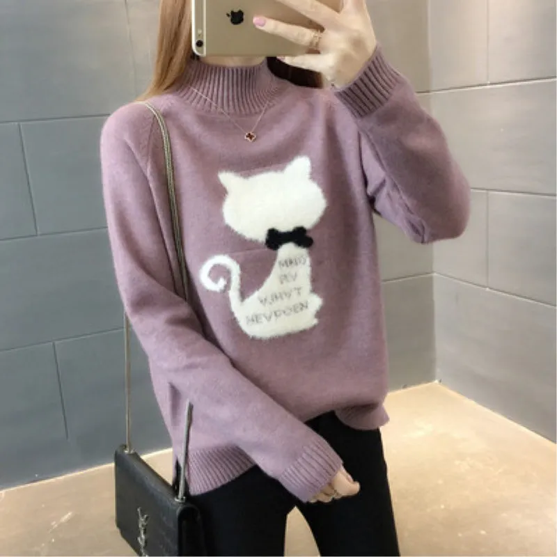 Bonjean Knitted Tops Jumper Turtleneck Cashmere Winter Casual Pullovers Cat Sweaters Women Long Sleeve Loose Christmas Sweater
Bonjean Knitted Tops Jumper Turtleneck Cashmere Winter Casual Pullovers Cat Sweaters Women Long Sleeve Loose Christmas Sweater