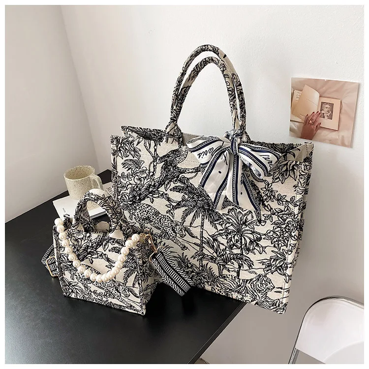 

Women Large Capacity Handle Bag Fashion Embroidery Canvas Handbag Simple Pearl Shoulder Bag Shopping Lady Totes Designer Clutch