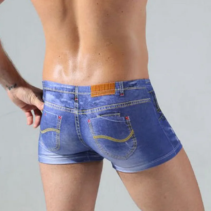 Фото Мужские джинсовые шорты-боксеры с принтом летние хлопковые трусы сексуальное
