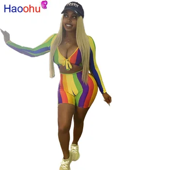 HAOOHU Rainbow Striped Sexy Two Piece Set Bandage Crop Top and Womens Biker Shorts Set 2 Piece Outfits Streetwear Matching Set
HAOOHU Rainbow Striped Sexy Two Piece Set Bandage Crop Top and Womens Biker Shorts Set 2 Piece Outfits Streetwear Matching Set