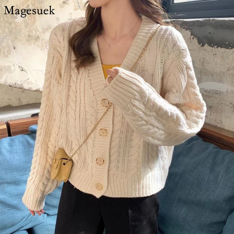 

Autumn Winter Long Sleeve Knitwear Women Sweater Twist V-neck Womens Sweaters Loose Casual Cardigan Women Knitted Sweater 11633