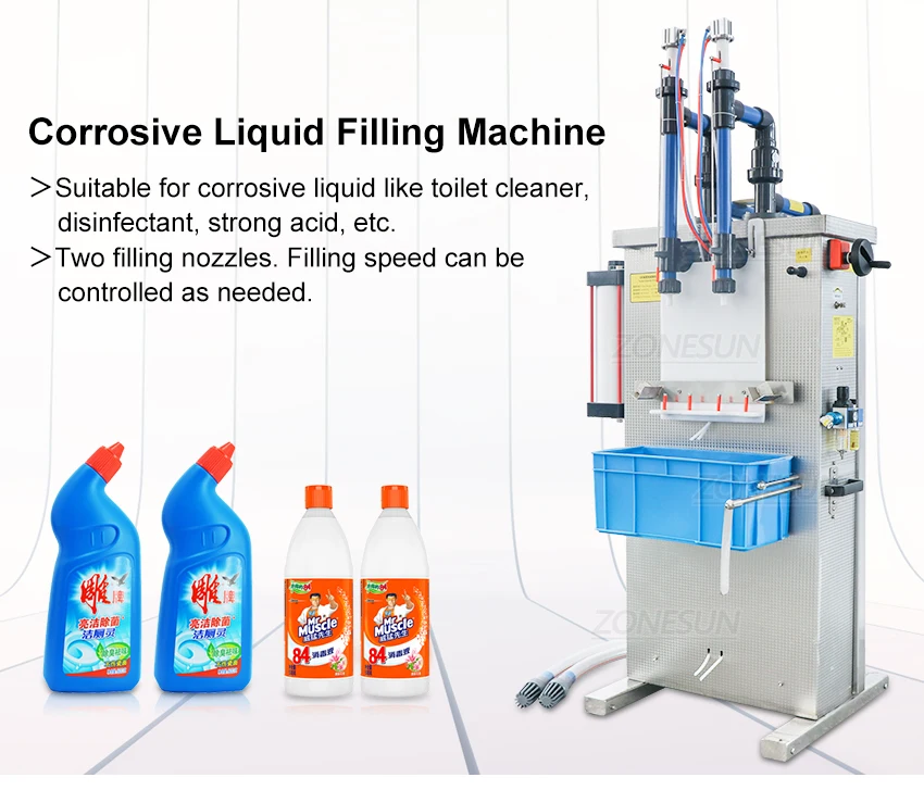 ZONESUN Double Nozzles Strong Acid Alkali Corrosive Liquid Filling Machine Semi-automatic Disinfectant Filler corrosion resistance