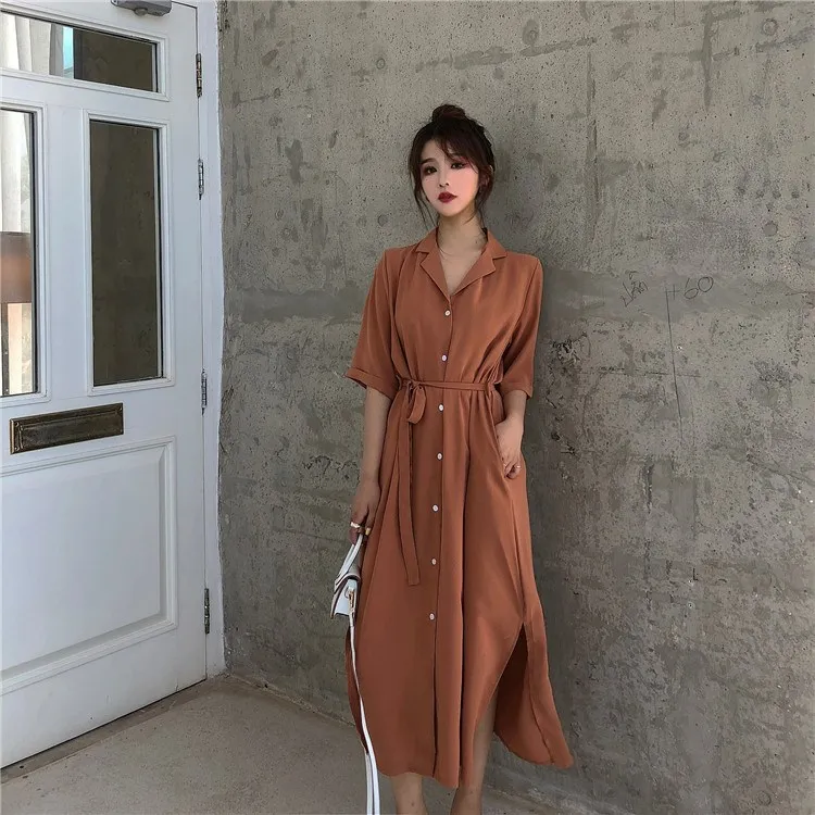 Nice Summer Women Casual Button Solid Split Midi Dress Belt Half Sleeve Notched Dress Sashes Loose Lace Up Beach Dress 
Nice Summer Women Casual Button Solid Split Midi Dress Belt Half Sleeve Notched Dress Sashes Loose Lace Up Beach Dress