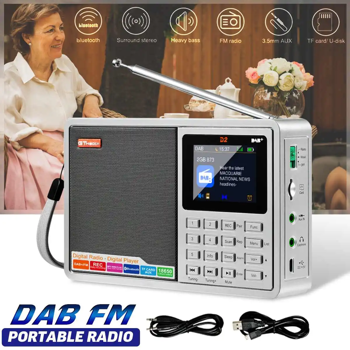 GTMEDIA D2 Portable DAB DAB+FM Radio Full Band Digital Radio MP3 Music Player Clock Alarm FM Radio AUX USB LCD Display Highlight
GTMEDIA D2 Portable DAB DAB+FM Radio Full Band Digital Radio MP3 Music Player Clock Alarm FM Radio AUX USB LCD Display Highlight