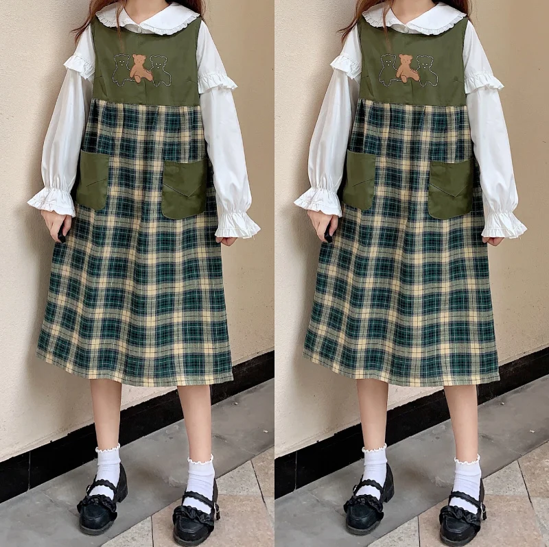 

Japanese sweet lolita dress vintage college style patchwork lattice victorian vest dress kawaii girl gothic lolita jsk loli cos
