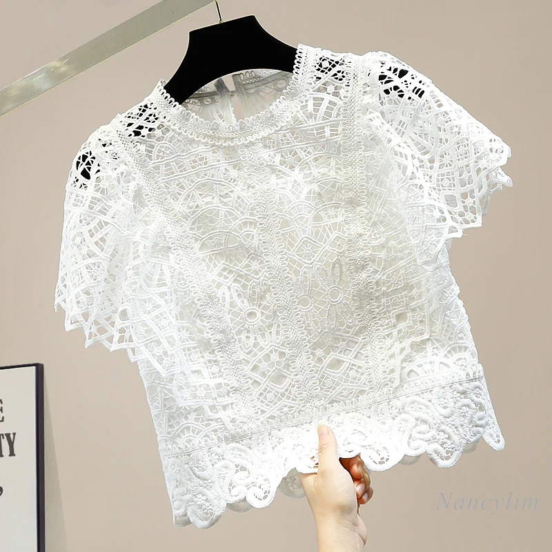 Lace Blouses Womens Tops and Blouses Short Flare Sleeve Round Neck Crocheted Hollow Lace Shirt Lady Crop Top Blusas Mujer
Lace Blouses Womens Tops and Blouses Short Flare Sleeve Round Neck Crocheted Hollow Lace Shirt Lady Crop Top Blusas Mujer