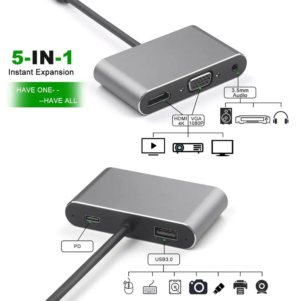 USB C HUB 5 In 1 HDMI Type c to HDMI 4K Adapter VGA USB3.0 Port 3.5 Audio video Converter PD Fast charger
USB C HUB 5 In 1 HDMI Type c to HDMI 4K Adapter VGA USB3.0 Port 3.5 Audio video Converter PD Fast charger