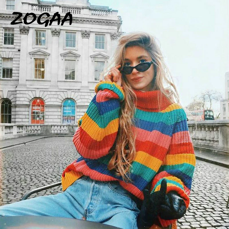Women Rainbow Striped Knitted Sweaters Pullovers 2019 New Fashion Girl Turtleneck Long Sleeve Streetwear Autumn Winter | Женская одежда