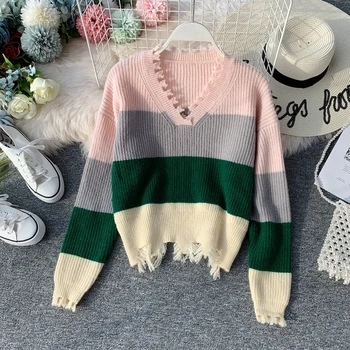 Autumn and Winter Sweaters Women's New Knitted Blouse Loose Lazy V-collar Stripes Autumn and Winter Pullovers
Autumn and Winter Sweaters Women's New Knitted Blouse Loose Lazy V-collar Stripes Autumn and Winter Pullovers