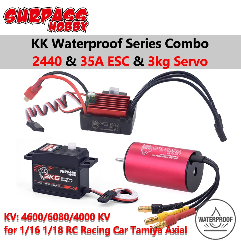 Surpass Hobby COMBO Waterproof ESC Brushless Motor 2440 4000/4600/6080KV with 35A ESC 3KG Plastic Gear Servo for 1/16 1/18 RC
Surpass Hobby COMBO Waterproof ESC Brushless Motor 2440 4000/4600/6080KV with 35A ESC 3KG Plastic Gear Servo for 1/16 1/18 RC