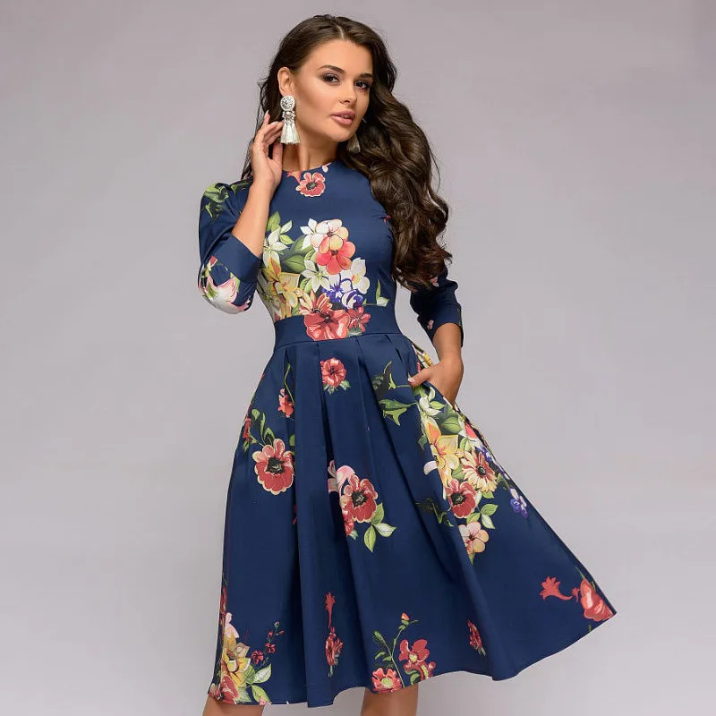 Simple A-Line Round Neck Three Quarter Mid-Length Women Party Dress Vintage Printed Blue Elegant Work Office Dress
Simple A-Line Round Neck Three Quarter Mid-Length Women Party Dress Vintage Printed Blue Elegant Work Office Dress