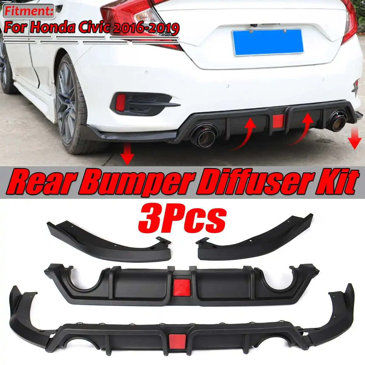 New 3 Piece Car Rear Bumper Lip Diffuser Splitter Lip Spoiler Bumper Guard Protector Protection For Honda For Civic 2016-2019
New 3 Piece Car Rear Bumper Lip Diffuser Splitter Lip Spoiler Bumper Guard Protector Protection For Honda For Civic 2016-2019