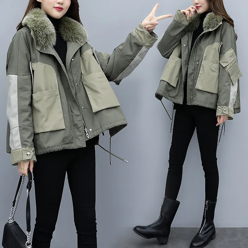 Pai overcome fox fur collar female short army green jacket with detachable liner casual fashion ladies clothing
Pai overcome fox fur collar female short army green jacket with detachable liner casual fashion ladies clothing