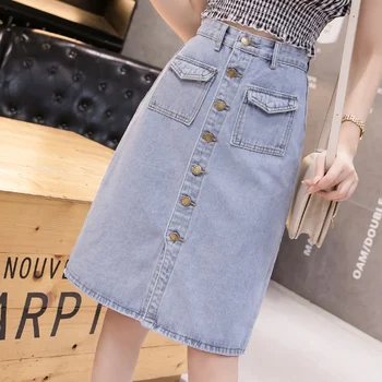 Summer Korea Skirt Ladies Was Thin Pockets Women Jeans Skirts Chic Long Single Button A-Line Knee Denim Skirt
Summer Korea Skirt Ladies Was Thin Pockets Women Jeans Skirts Chic Long Single Button A-Line Knee Denim Skirt