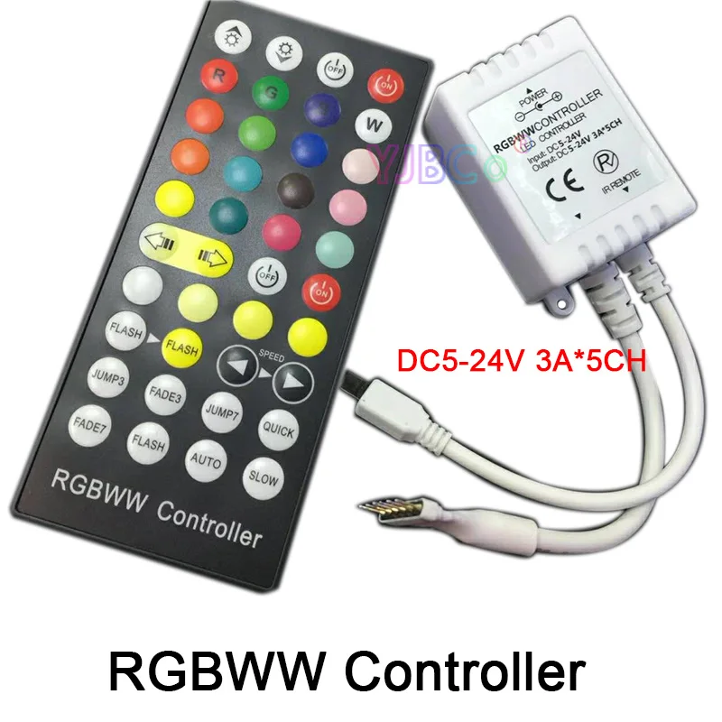 DC 5V 12V 24V RGBWW LED Controller Dimmer 5 CH 40Key 6Pins IR Remote Control For SMD 5050 3528 RGBWW LED Strip Light
DC 5V 12V 24V RGBWW LED Controller Dimmer 5 CH 40Key 6Pins IR Remote Control For SMD 5050 3528 RGBWW LED Strip Light
